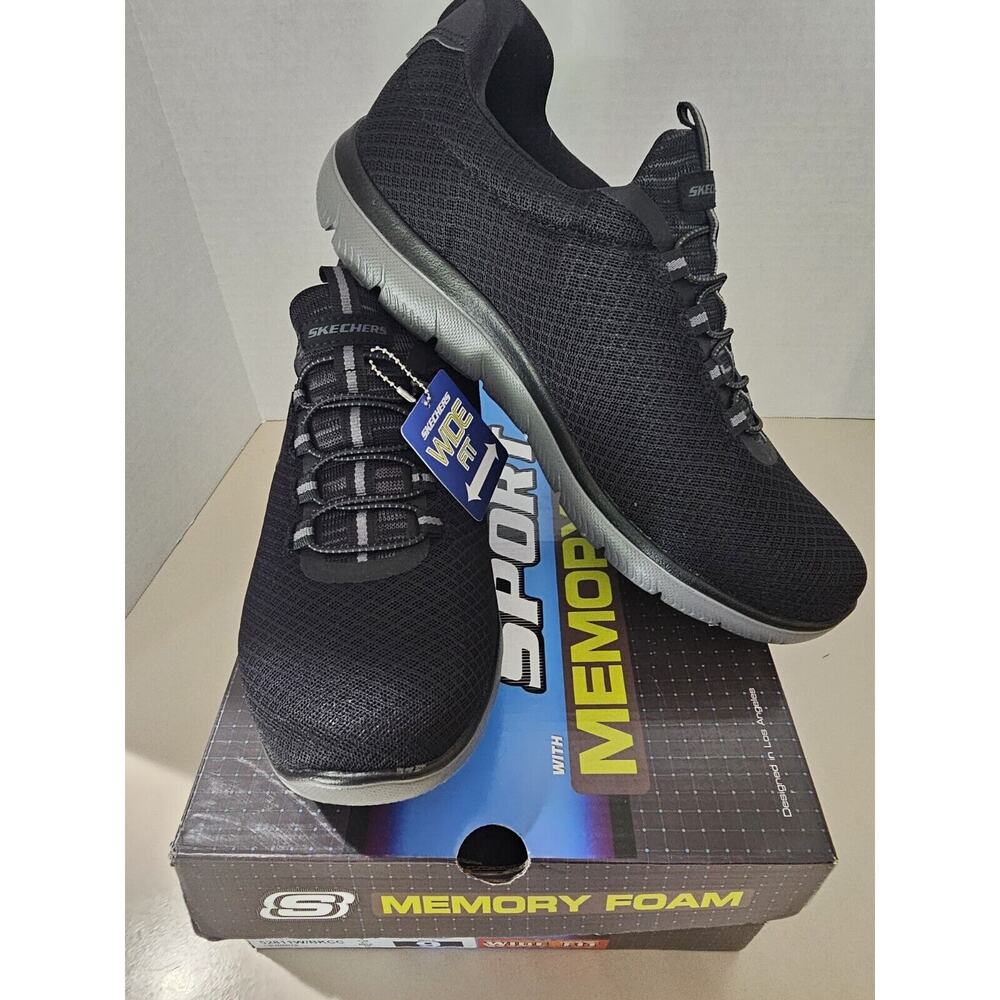New Skechers Mens 9 Wide Fit Black/Charcoal Summits Memory Foam